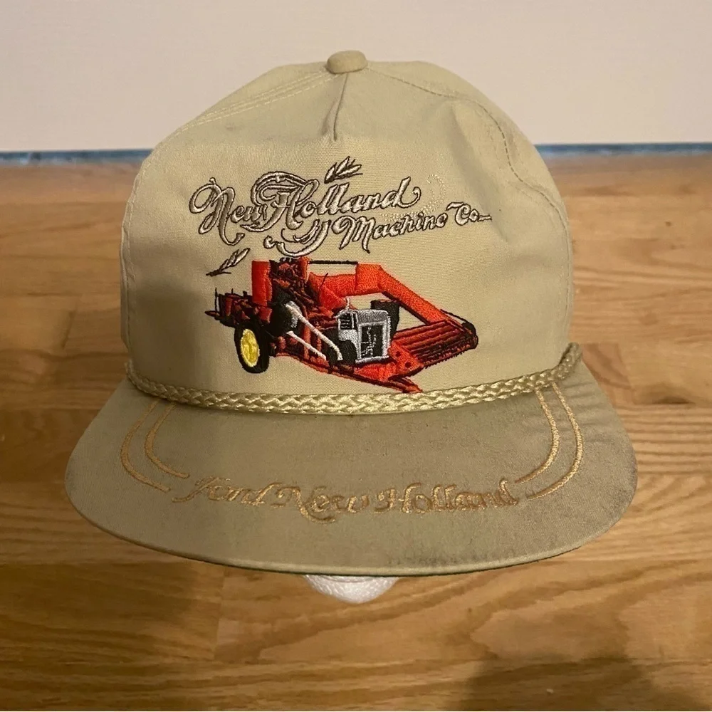 Vintage New Holland Hat Strap Back Red Combine Embroidered Label Rope Trucker